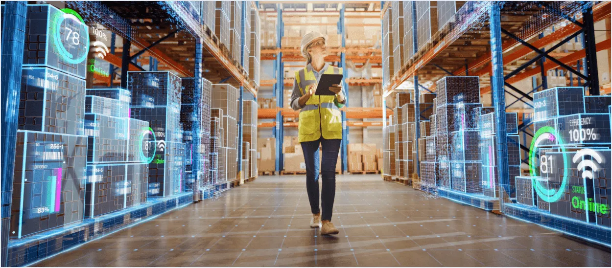 Warehouse worker wearing a safety vest and helmet, holding a tablet, walking between shelves with boxes and digital overlays showing inventory data and efficiency metrics.