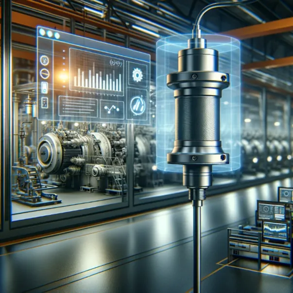 Modern industrial setting with a close-up of a cylindrical metallic sensor or device suspended and surrounded by a holographic blue glow, displaying floating digital data and control panels; complex machinery and monitoring screens are visible in the background.