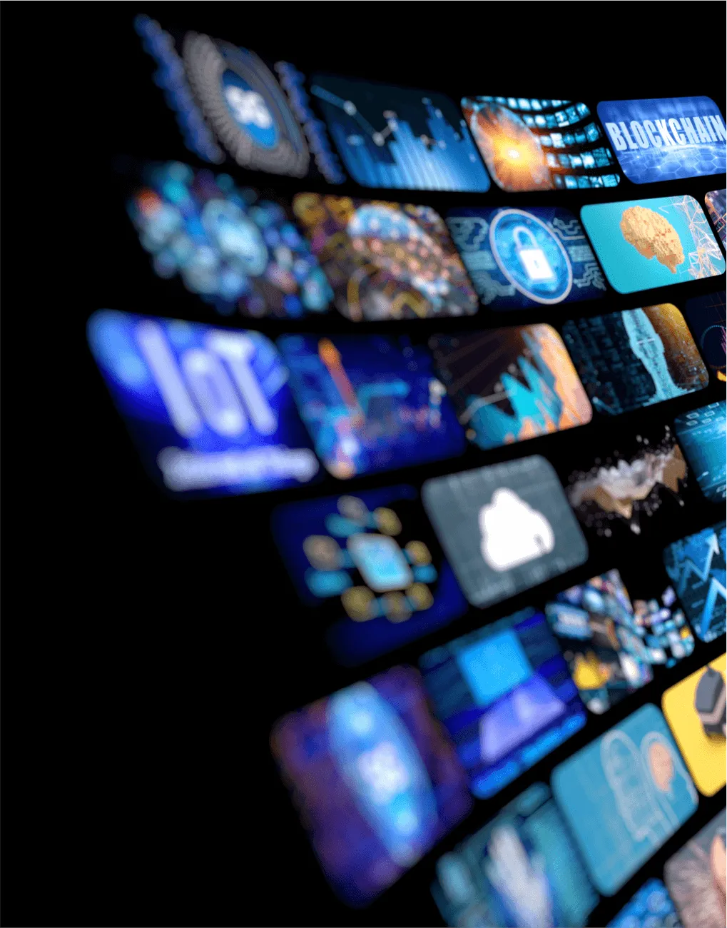 Curved array of digital screens displaying various technology-related graphics such as blockchain, IoT, cloud computing, digital security padlock, artificial intelligence brain, and data charts on a black background.