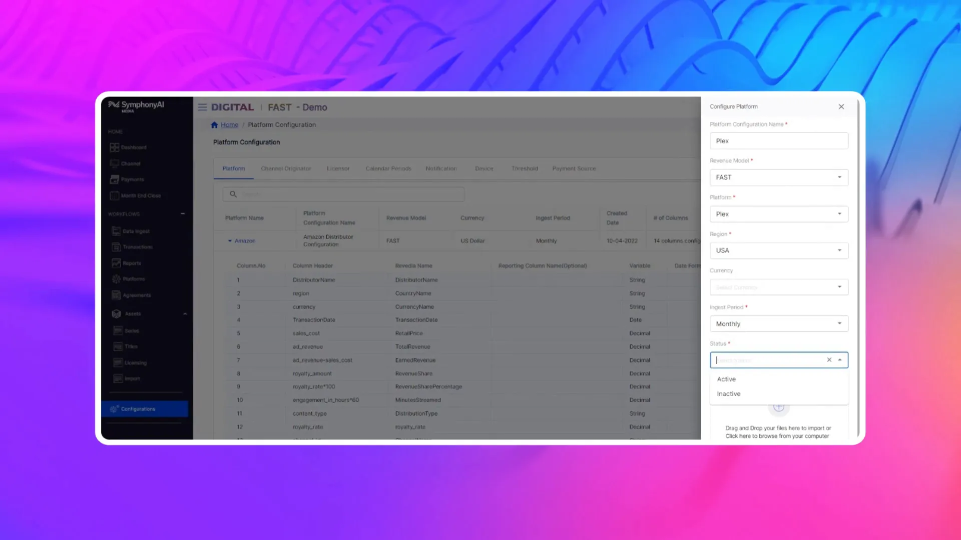 User interface of SymphonyAI Media's FAST platform configuration screen showing platform setup details such as platform name, revenue model, currency, ingest period, and status with options to configure and import files.