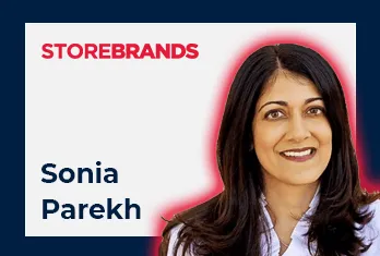 Portrait of Sonia Parekh with long dark hair smiling, set against a white and navy background with the STOREBRANDS logo in red, and her name in dark blue text.