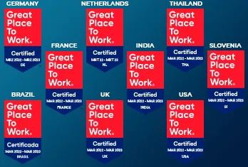 Nine badges labeled 'Great Place To Work' in red and blue, representing Germany, Netherlands, Thailand, France, India, Slovenia, Brazil, UK, and USA, each certified March 2022 to March 2023.
