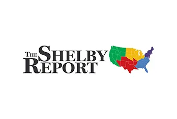 The Shelby Report logo with text on the left and a color-coded map of the contiguous United States on the right divided into green, yellow, red, blue, and purple regions.