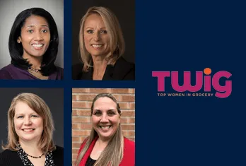 Collage of four professional headshots of women with diverse backgrounds on the left and the Twig logo with the text 'TOP WOMEN IN GROCERY' on the right against a dark blue background.