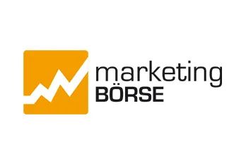Logo with an orange square containing a white upward trending zigzag line, next to the words marketing BÖRSE in black text.