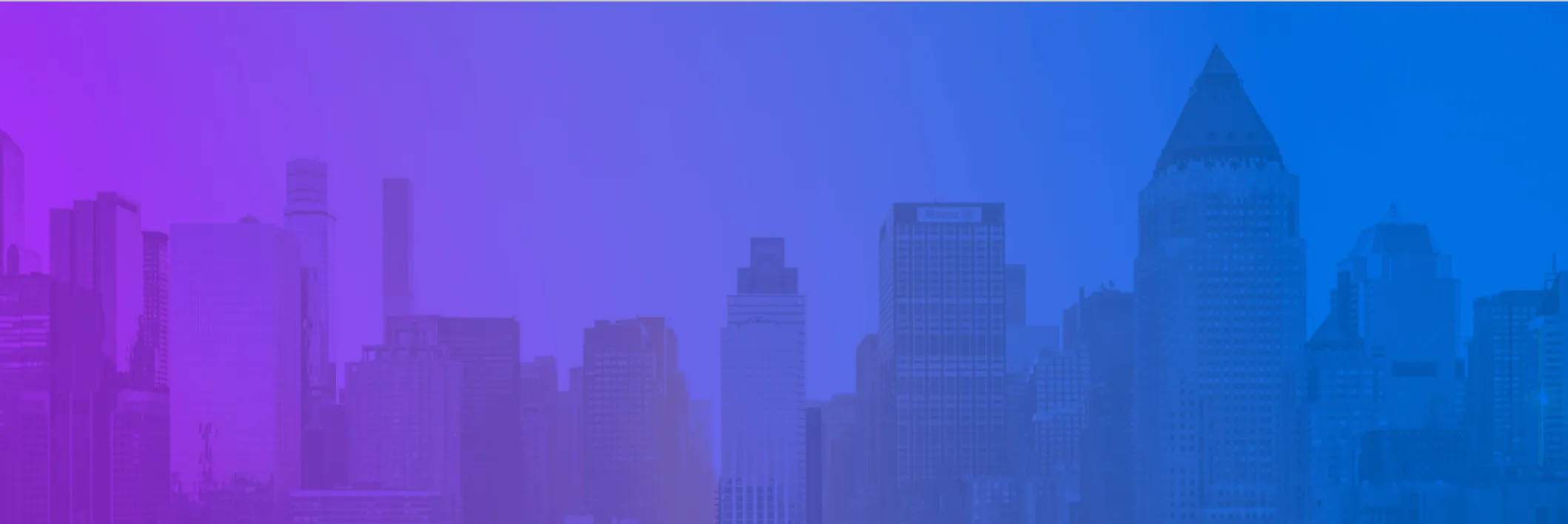 City skyline featuring various tall buildings with a gradient overlay from purple on the left to blue on the right.
