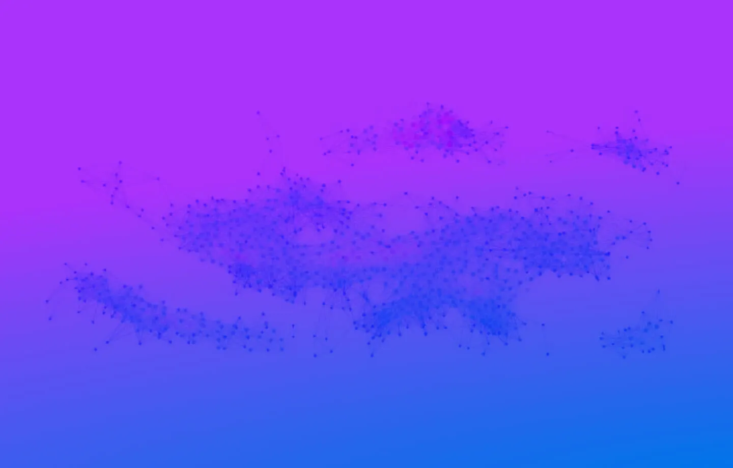 Abstract digital network visualization with interconnected dots and lines forming clusters on a purple to blue gradient background.