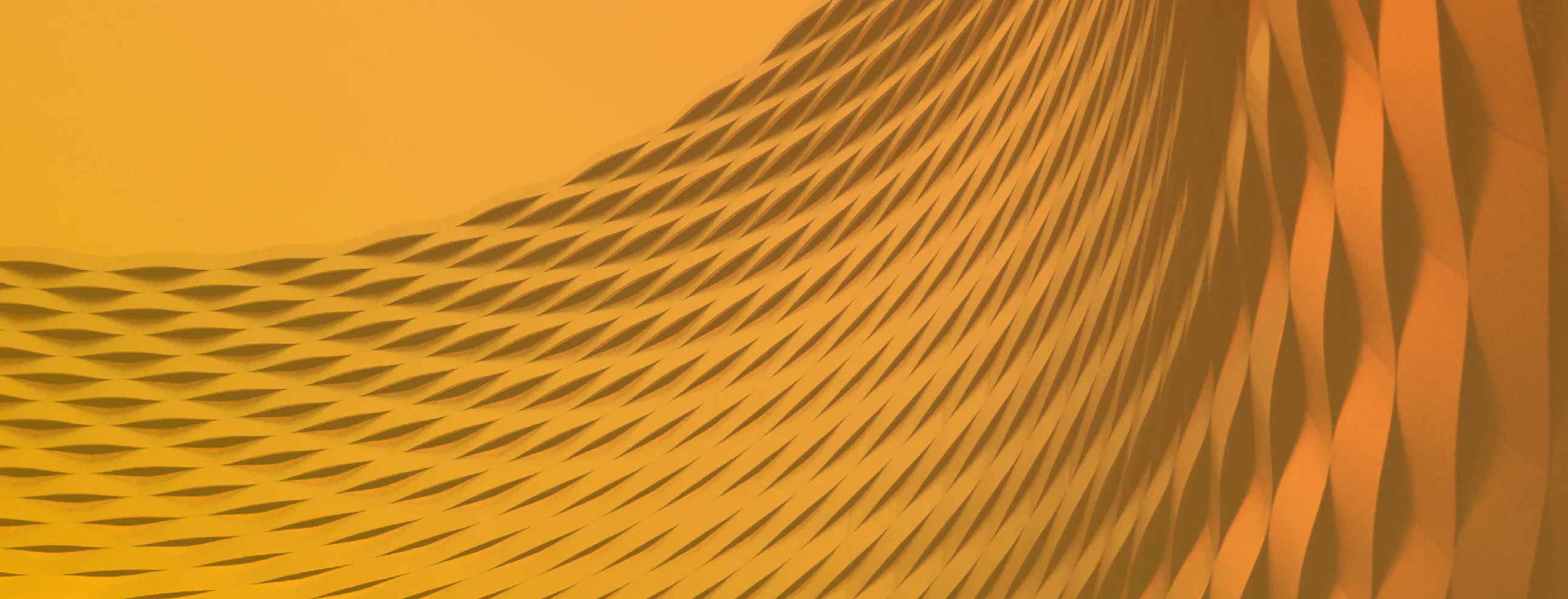 Abstract curved architectural structure with a repeating pattern of diamond-shaped openings in warm yellow-orange hues.