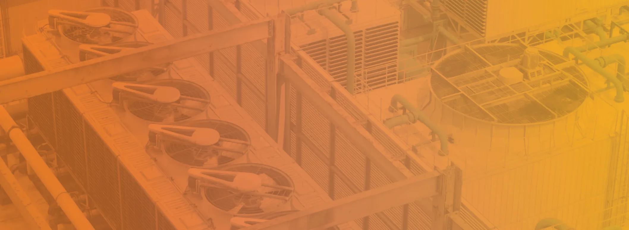 Close-up view of large industrial air conditioning units with multiple fans and cooling vents, overlaid with an orange-yellow gradient.