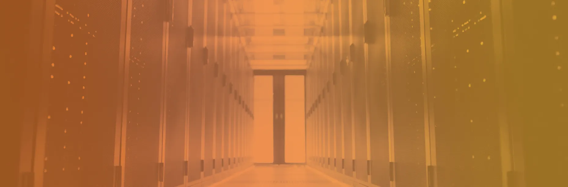 A long corridor between rows of server racks with illuminated lights, fading into a bright doorway at the end, overlaid with an orange gradient.