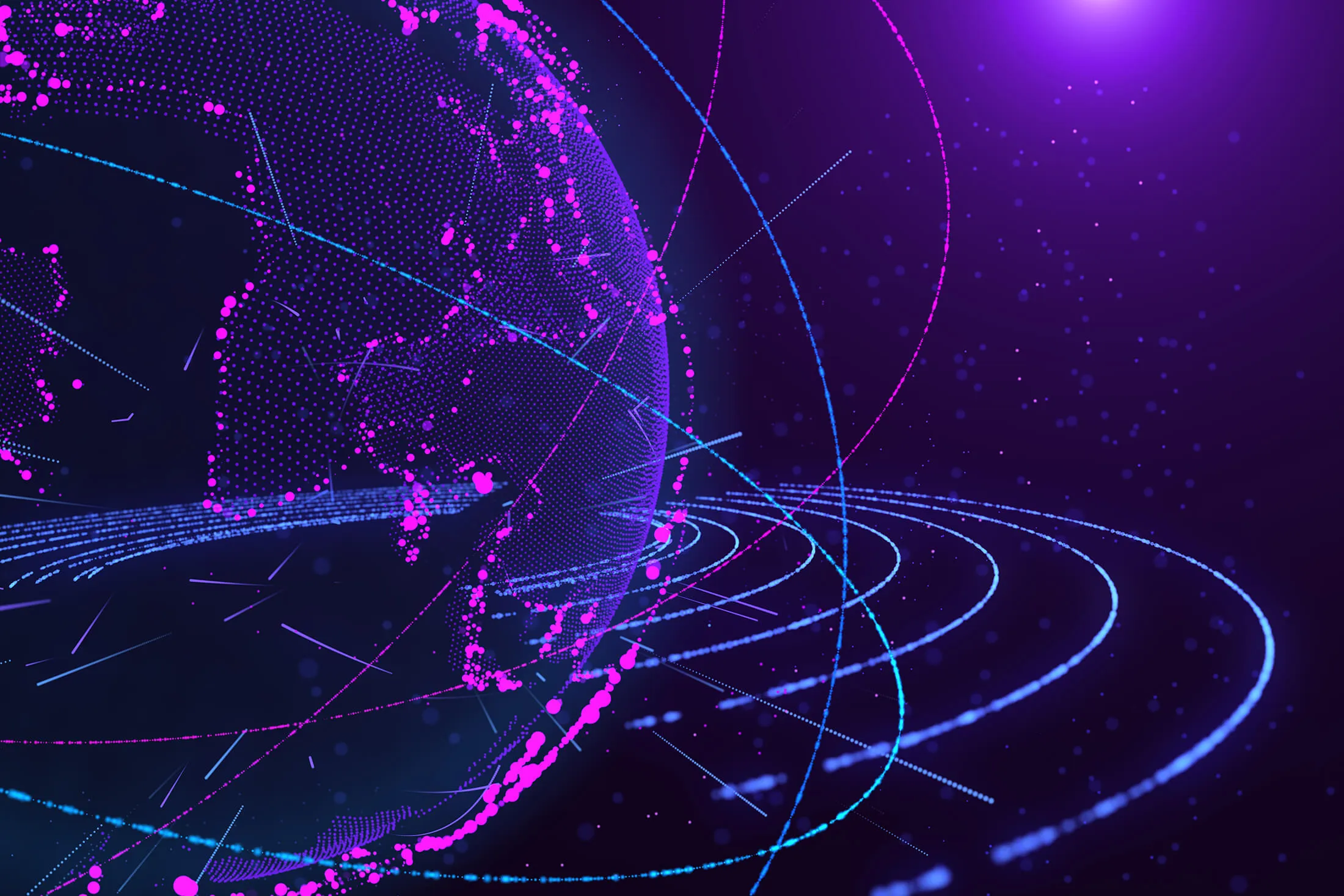 Abstract digital globe composed of purple and blue dots and lines on a dark background, with circular orbits and connecting lines creating a futuristic, global network effect.
