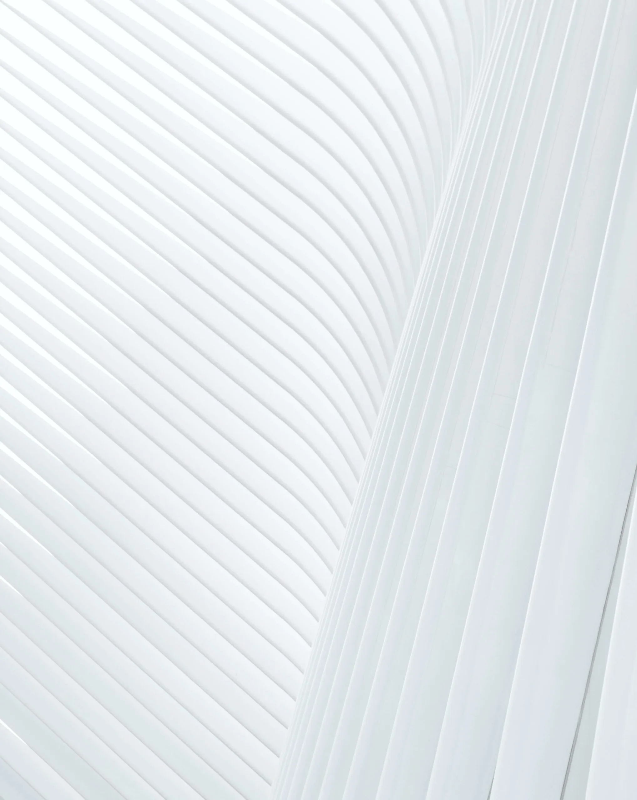 Close-up of an architectural structure with smooth, white, curving ribbed panels creating an abstract pattern.