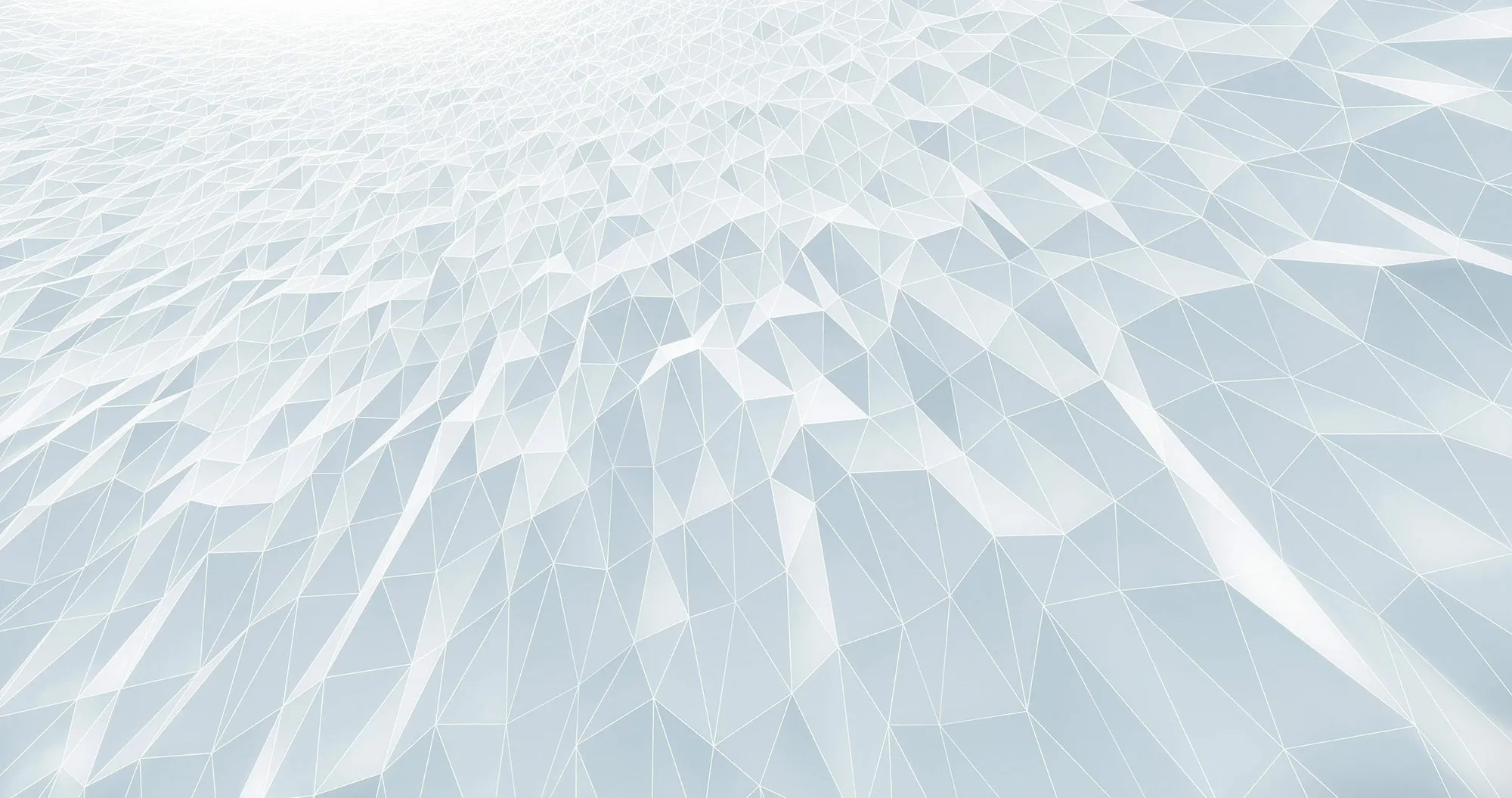 Abstract network of interconnected white and light gray triangular polygons forming a three-dimensional geometric pattern.