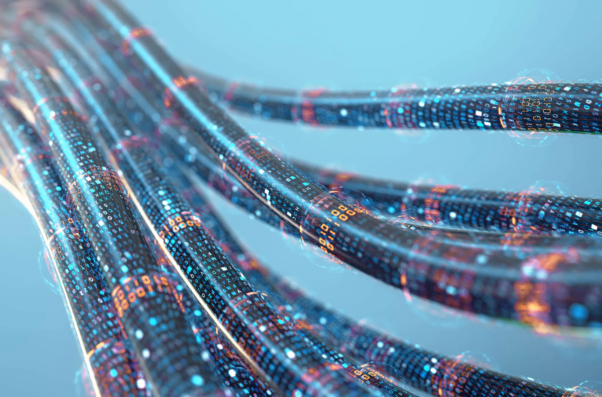 Close-up of intertwined fiber optic cables glowing with blue and orange digital code symbols representing data transmission.