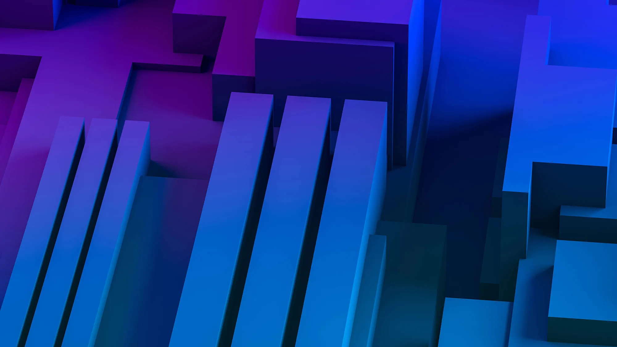 Abstract 3D geometric shapes resembling layered rectangular blocks in shades of blue and purple with lighting creating depth and shadows.