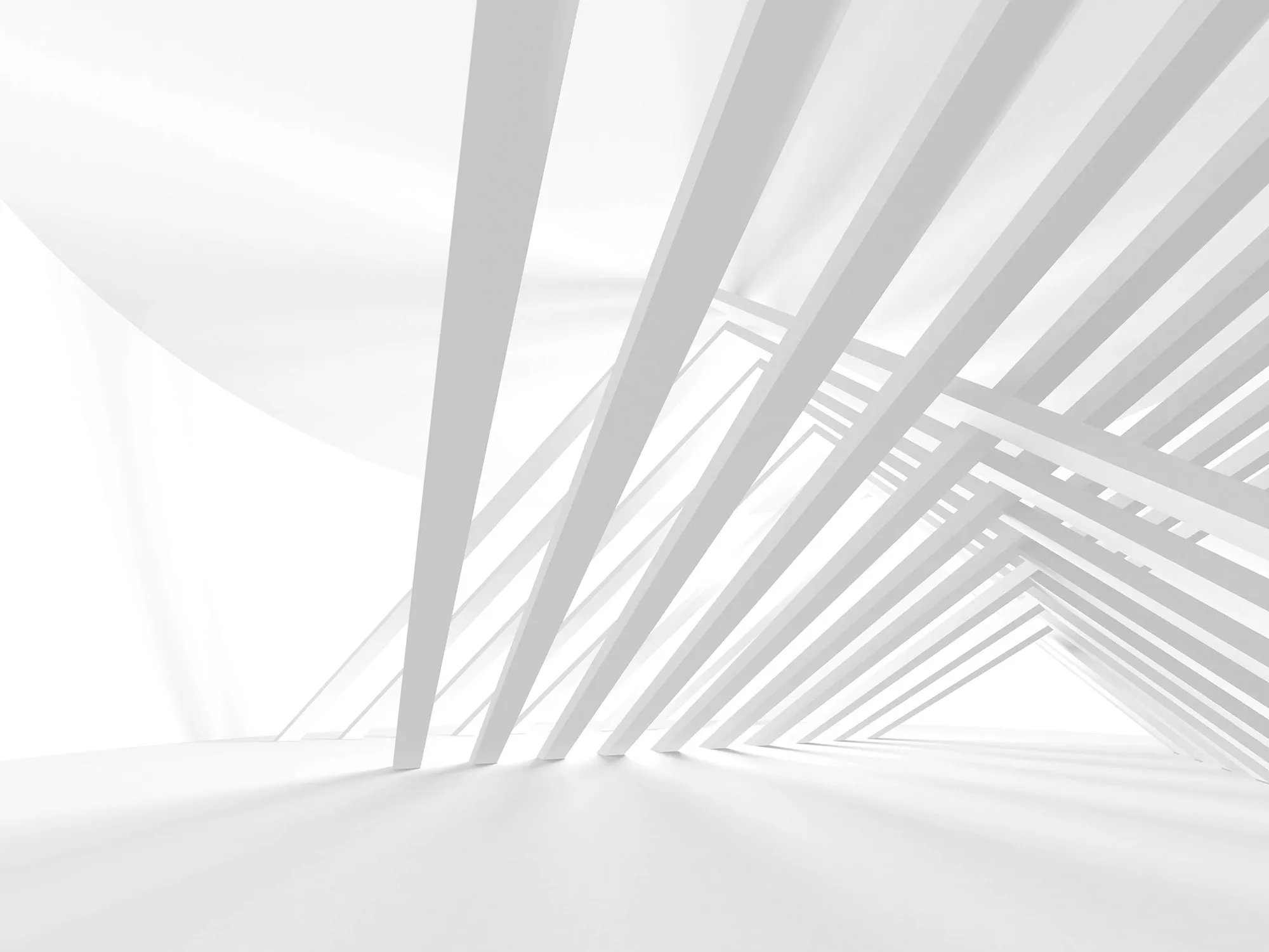 Minimalist white architectural interior with angled beams creating a repeating triangular pattern and soft shadows.