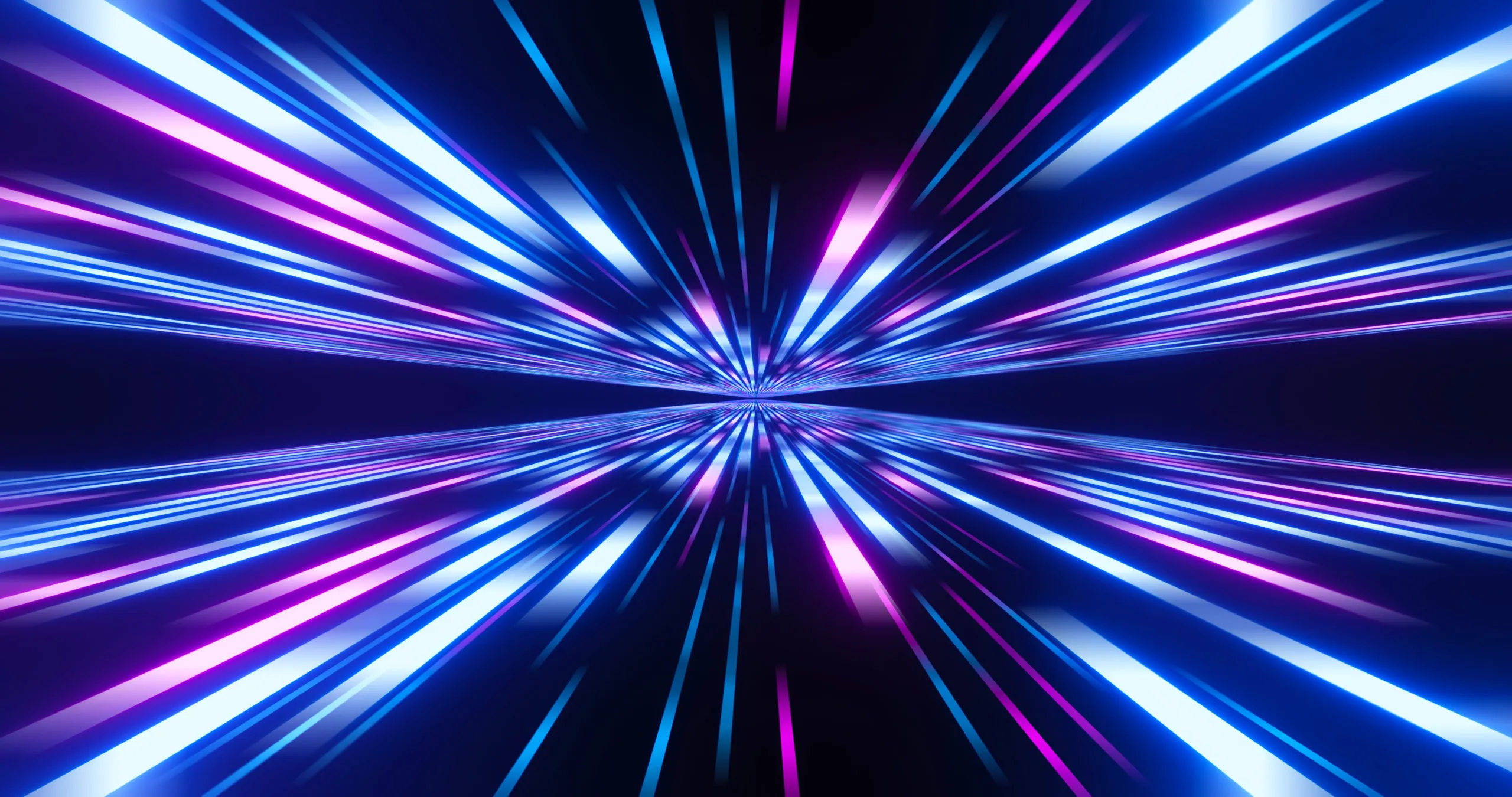 Dynamic blue and purple neon light streaks converging towards a central vanishing point on a dark background, creating a futuristic speed or warp effect.