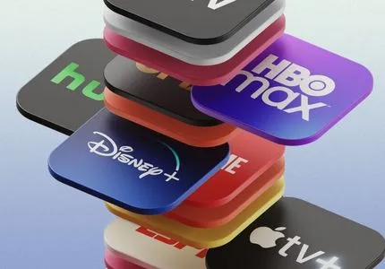 Stacked 3D app icons of popular streaming services including HBO Max, Disney+, Hulu, Apple TV+, and others against a light gradient background.