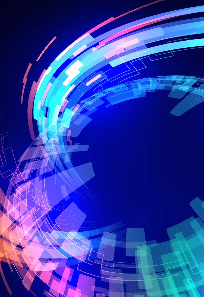 Abstract digital background with circular, swirling shapes in blue, turquoise, purple, and pink hues on a dark blue backdrop.