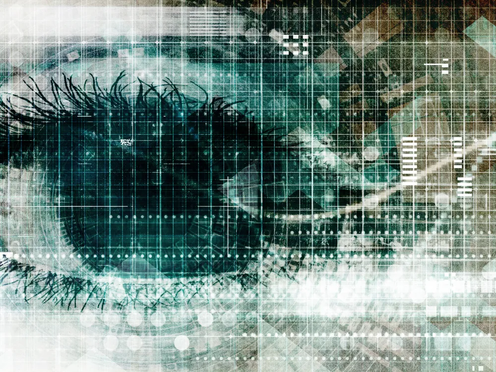 Close-up of a human eye overlaid with a digital grid and geometric patterns, representing biometric scanning or digital identification technology.