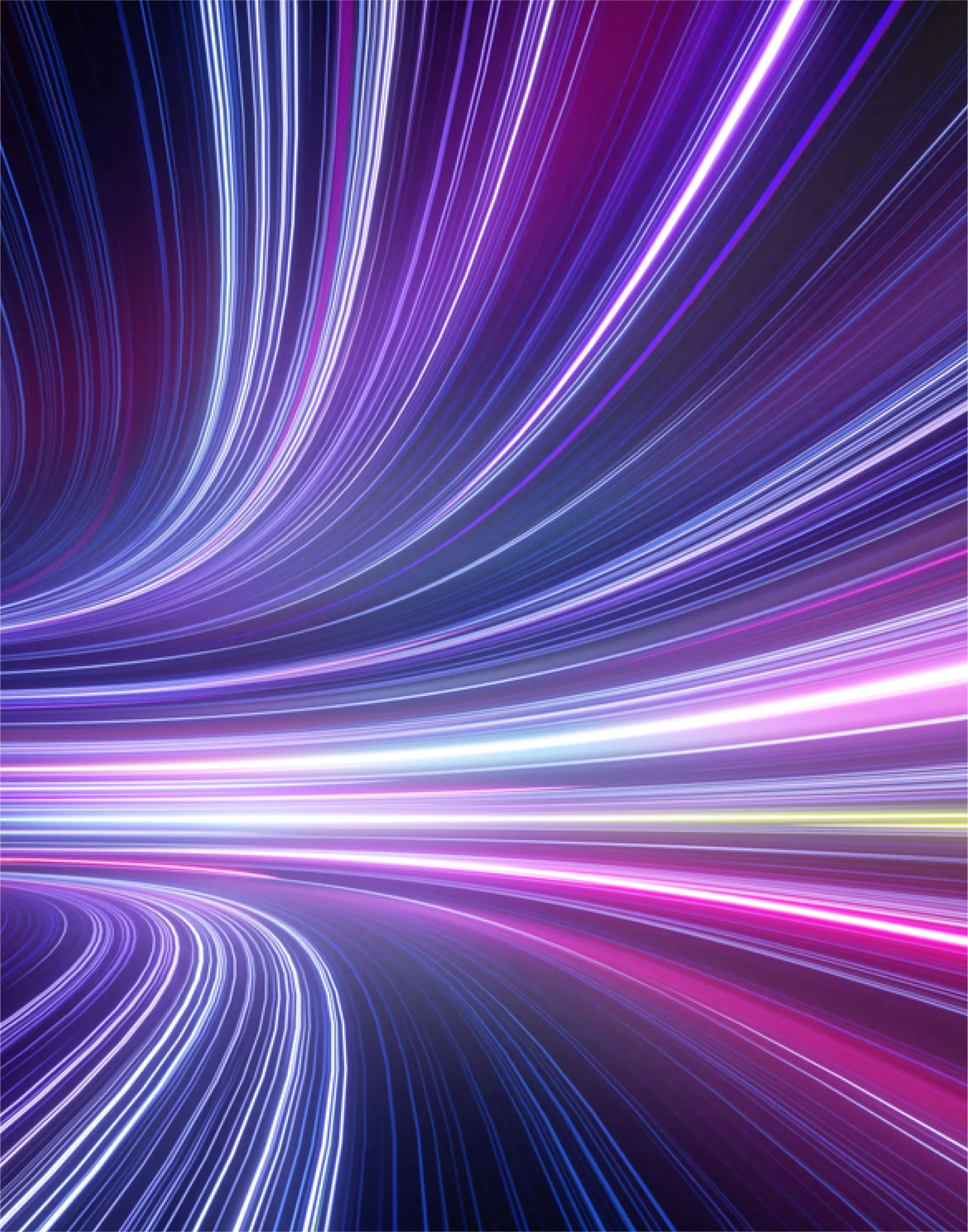 Abstract digital art of curved, glowing lines in shades of blue, purple, pink, and white converging toward the center, creating a sense of motion and depth.