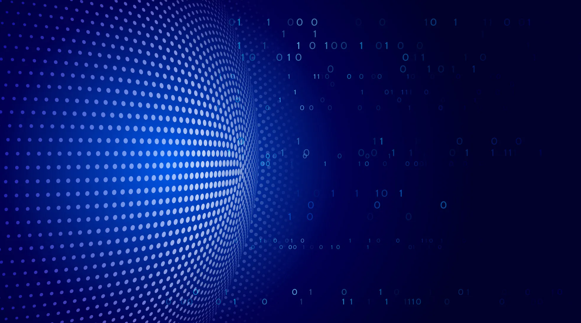 Digital globe made of white dots on a gradient blue background with scattered binary code (ones and zeros) around it.