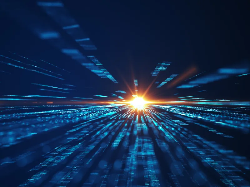 Digital futuristic visualization of blue data streams converging toward a bright glowing orange light at the center on a dark background.
