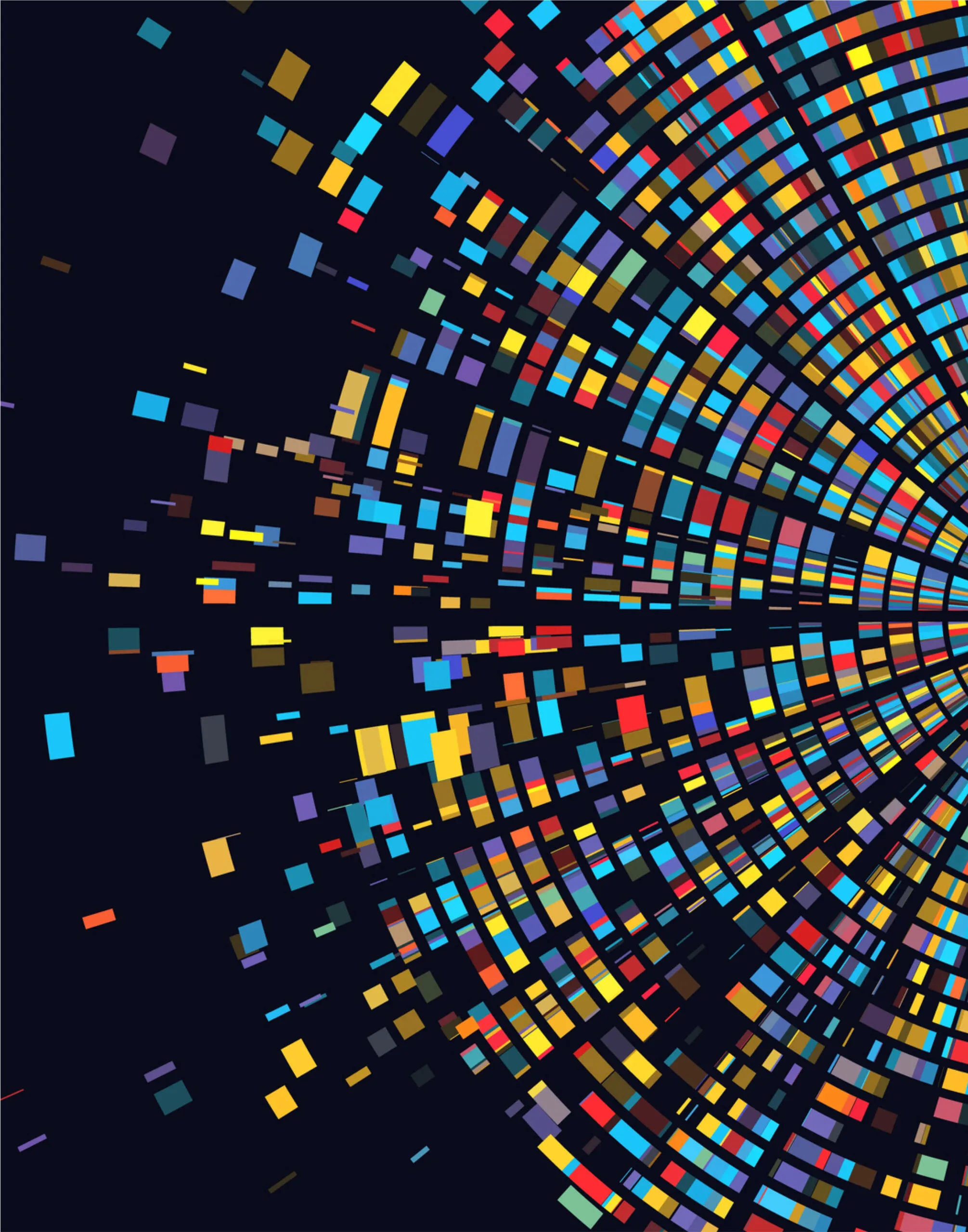 Abstract digital art resembling a fragmented, colorful mosaic tunnel or vortex with small rectangular blocks in bright colors like blue, red, yellow, and purple on a dark background.