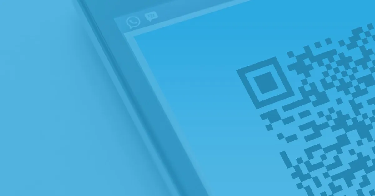 Close-up of a digital device screen displaying a partially visible QR code on a blue background, with small chat icons at the top left corner.