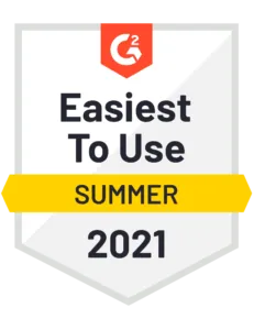 G2 badge labeled 'Easiest To Use Summer 2021' with the G2 logo at the top in red.