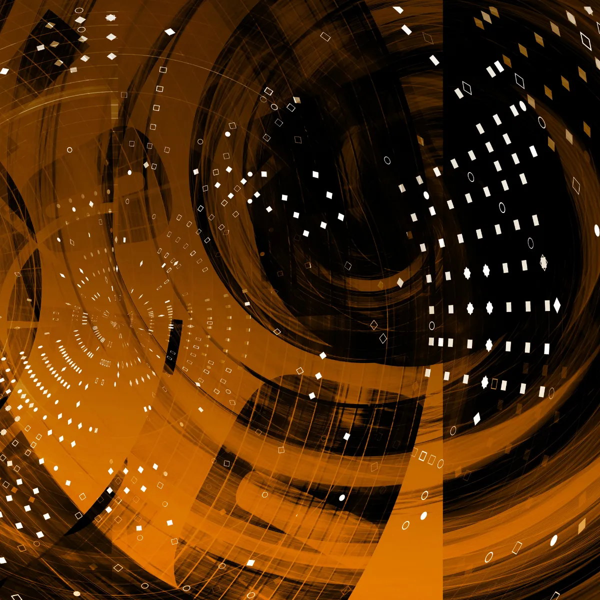Abstract digital artwork with swirling black and orange patterns overlaid with white geometric shapes including circles, squares, and diamonds arranged in curved lines.