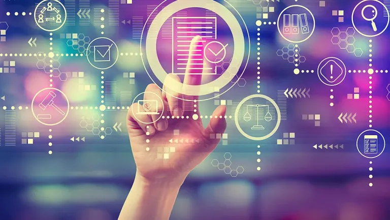 Hand reaching out and touching a digital interface with icons representing legal and administrative concepts including documents, scales of justice, magnifying glass, folders, and a gavel, against a blurred purple and blue background.