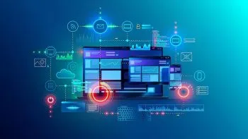 Digital illustration of multiple overlapping computer screens displaying code and data, surrounded by glowing icons representing technology concepts like cloud computing, email, data transfer, and connectivity, set against a blue gradient background.