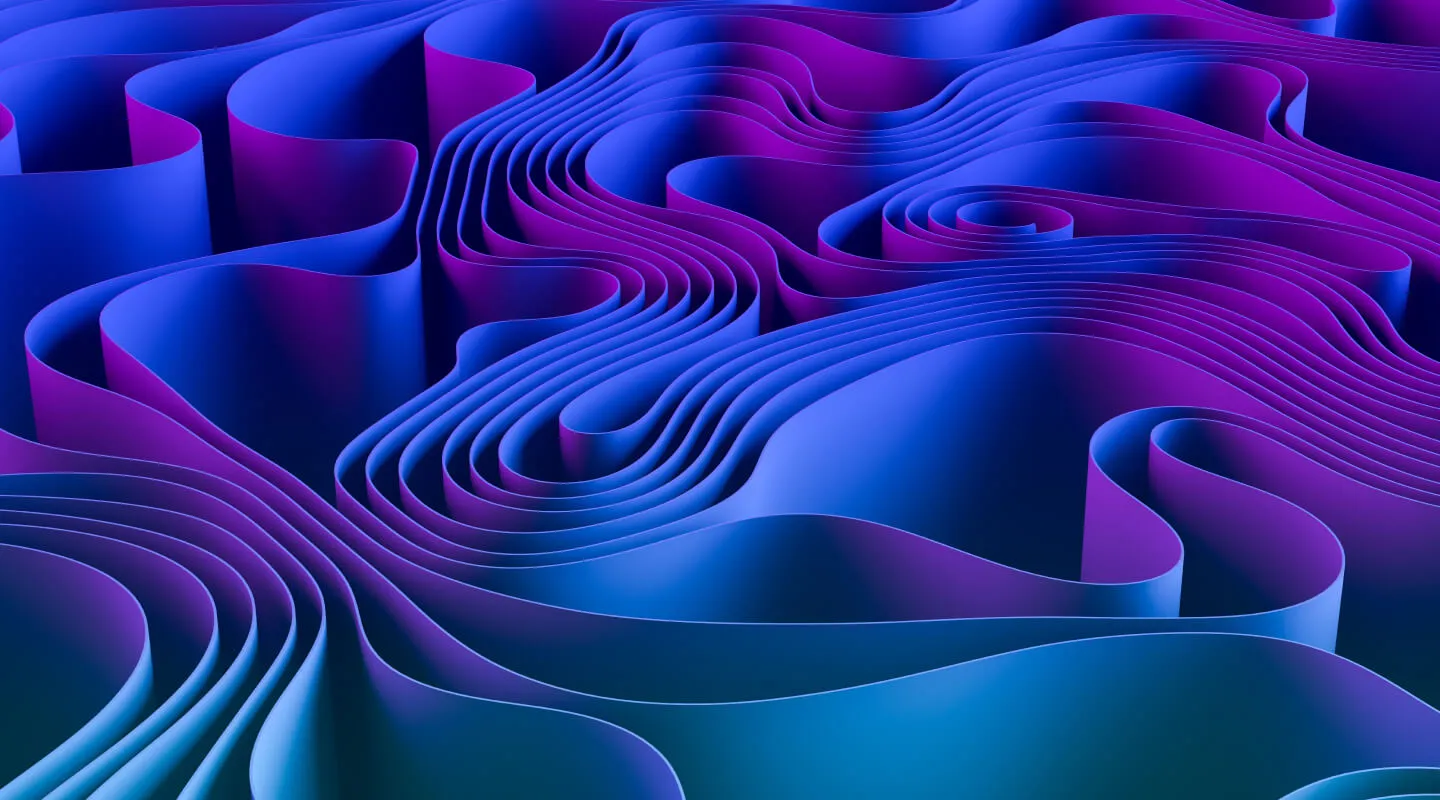 Abstract 3D layered wave-like shapes in shades of blue and purple, creating a smooth flowing pattern.