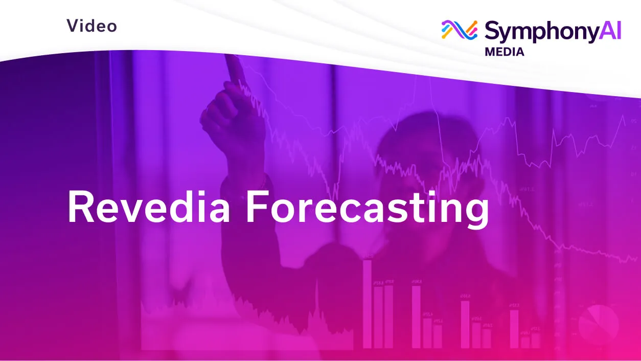 Title slide for a video from SymphonyAI Media titled 'Revedia Forecasting' with a purple background featuring a person pointing upward and faint financial charts including line and bar graphs.