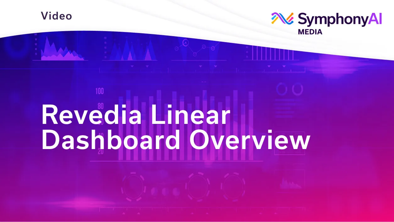 Title card for a video titled 'Revedia Linear Dashboard Overview' with the SymphonyAI Media logo in the top right and abstract purple data visualization graphs in the background.