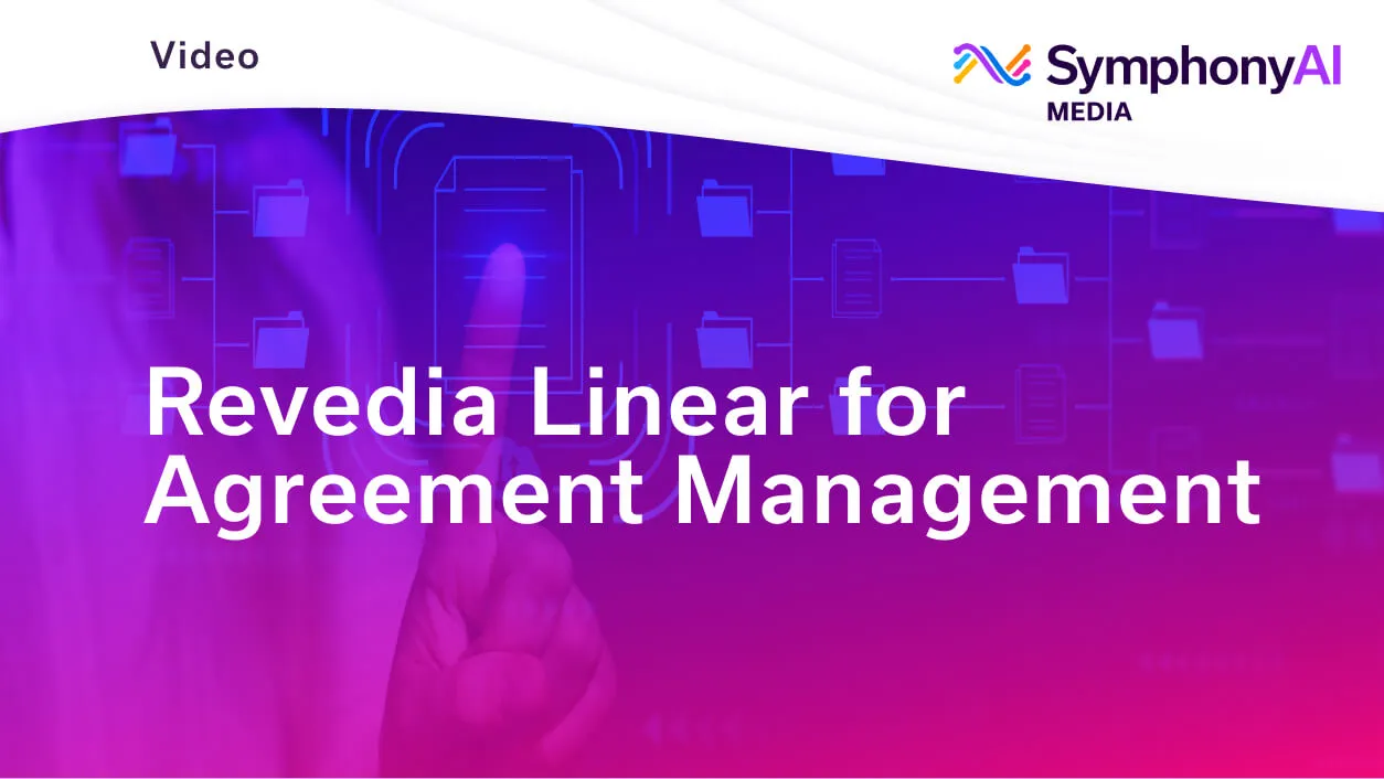 Hand pointing with index finger against a digital background of connected file and document icons, with text 'Revedia Linear for Agreement Management' and the SymphonyAI Media logo.