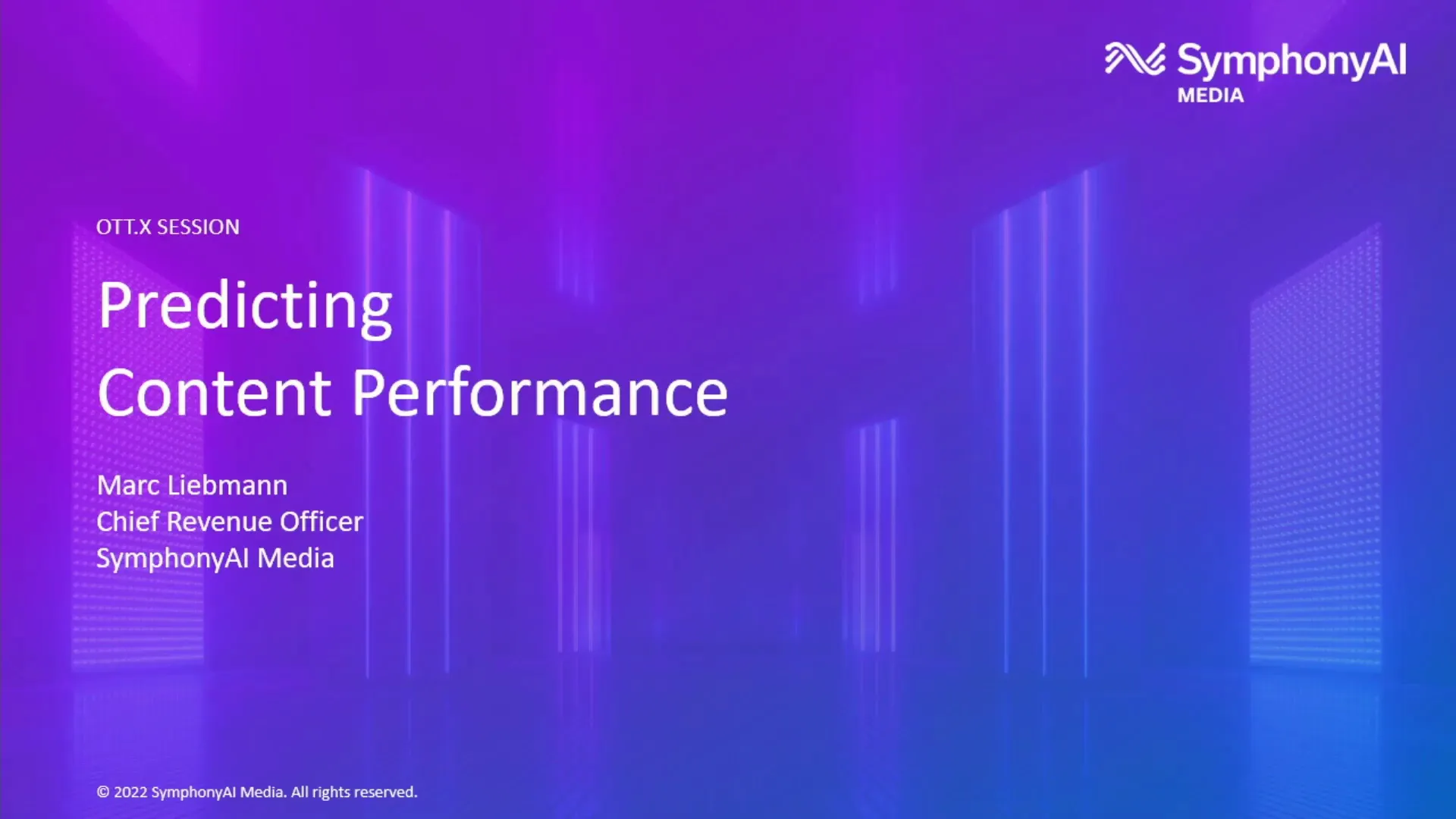 Slide titled 'Predicting Content Performance' for OTT.x session by Marc Liebmann, Chief Revenue Officer of SymphonyAI Media, with a purple and blue futuristic background.