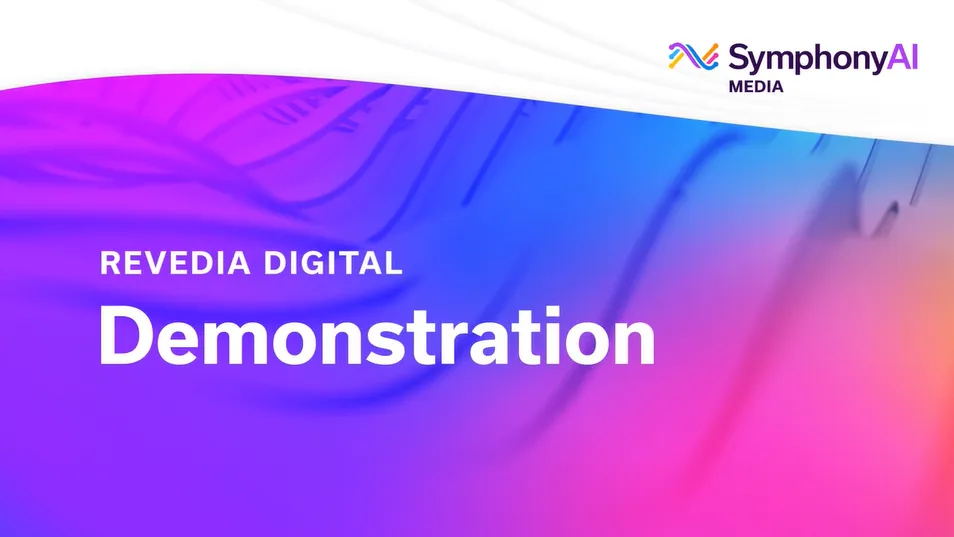 Digital demonstration title card with white text that reads 'REVIDIA DIGITAL Demonstration' on a purple, blue, and pink gradient background with abstract line patterns and the SymphonyAI Media logo in the top right corner.
