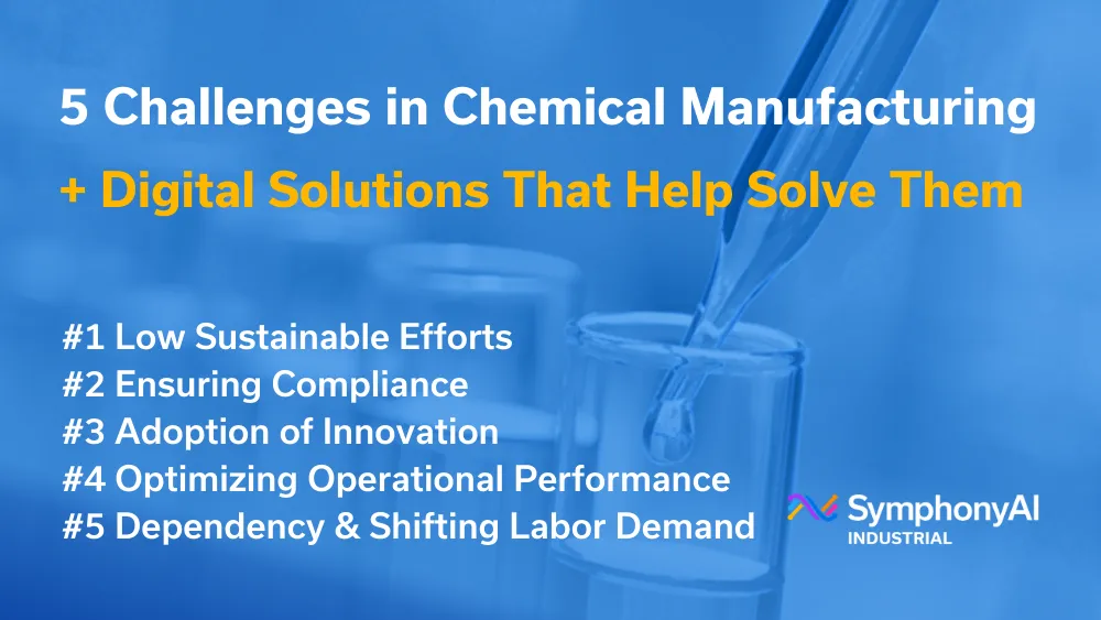 List of five challenges in chemical manufacturing with digital solutions to address them, on a blue background with lab glassware: 1. Low sustainable efforts, 2. Ensuring compliance, 3. Adoption of innovation, 4. Optimizing operational performance, 5. Dependency and shifting labor demand. SymphonyAI Industrial logo at the bottom right.