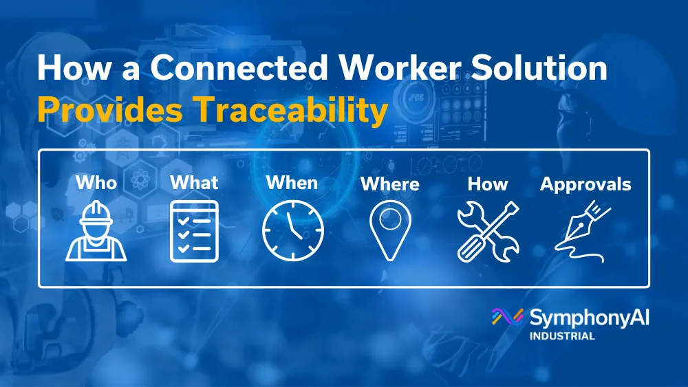 Infographic titled 'How a Connected Worker Solution Provides Traceability' with icons representing key elements: Who (worker with helmet), What (checklist), When (clock), Where (location pin), How (tools), and Approvals (hand signing). SymphonyAI Industrial logo is at the bottom right.