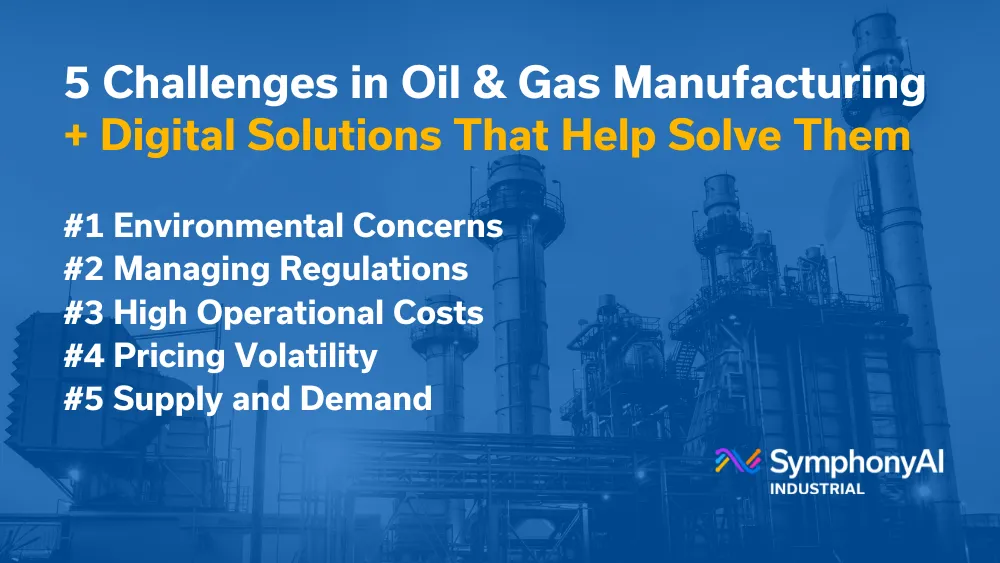 Text listing five challenges in oil and gas manufacturing: environmental concerns, managing regulations, high operational costs, pricing volatility, supply and demand, with a background image of an industrial refinery.