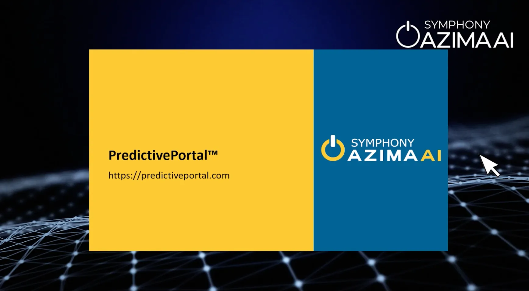 Graphic split into two rectangles: left side yellow with text 'PredictivePortal™' and URL 'https://predictiveportal.com', right side blue with Symphony Azima AI logo including a power symbol.