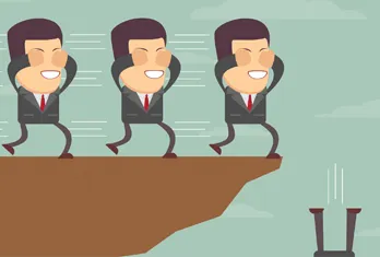 Three identical cartoon businessmen with big smiles standing near the edge of a cliff, looking forward with their hands on their heads, while broken pillars fall into the abyss below.