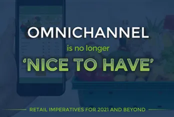 Text reading 'Omnichannel is no longer ‘Nice to Have’' with a subtitle 'Retail imperatives for 2021 and beyond' over a blurred background showing a phone and grocery items.