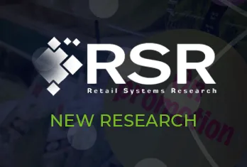 Logo of Retail Systems Research (RSR) in white with the green text New Research below on a blurred dark background.