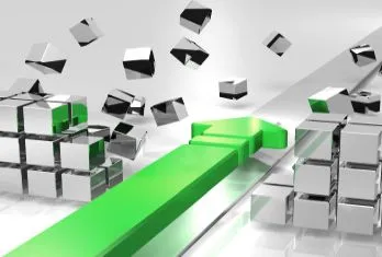 A 3D green arrow breaks through a barrier of floating, shiny metallic cubes, symbolizing momentum or breakthrough success.