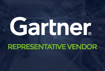 The Gartner Representative Vendor badge with the word 'Gartner' in white and 'Representative Vendor' in green text on a blurred dark background.