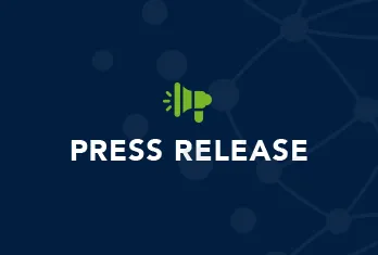 Green megaphone icon above the text Press Release on a dark blue background with faint circular network pattern.