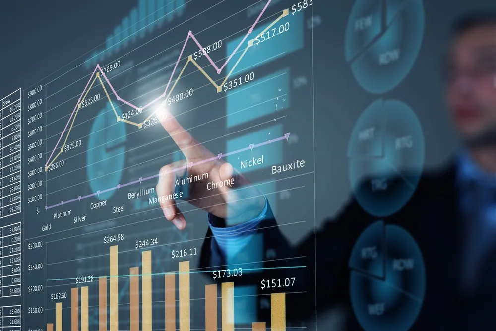 A person in a suit points at a virtual transparent screen displaying financial data with line and bar graphs, showing prices for metals like gold, platinum, copper, and aluminum, and pie charts in the background.